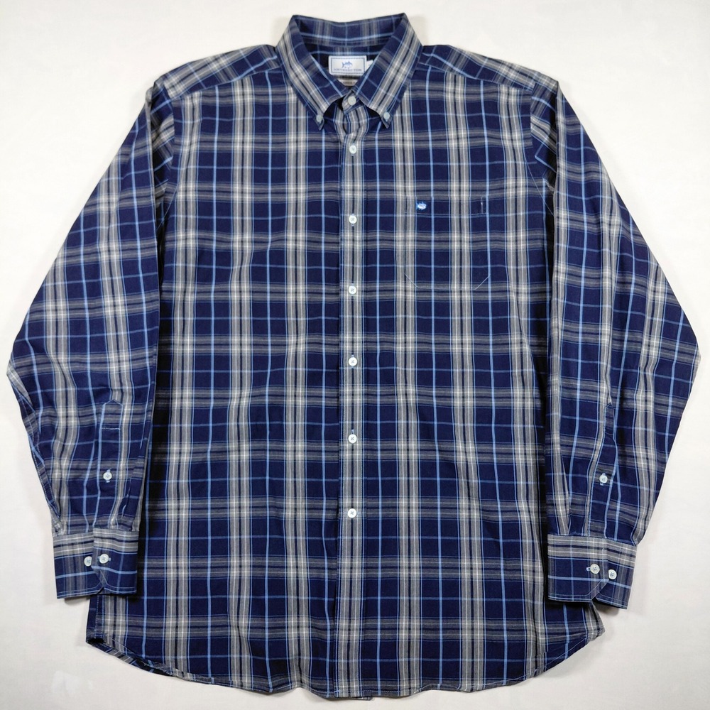 Southern Tide Classic Fit‎ Plaid Long Sleeve Button Up Shirt Men's XL Blue Gray - Picture 2 of 8
